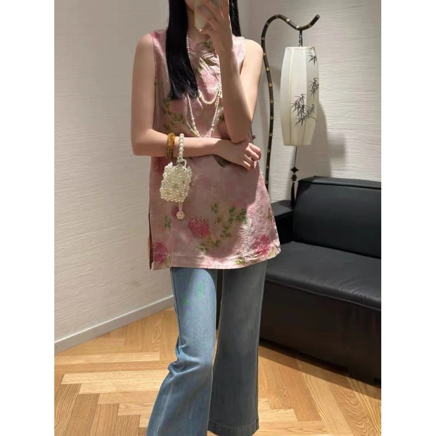 欧洲站2025夏季新款时尚国风立领斜襟盘扣真丝香云纱马甲衬衫女士
