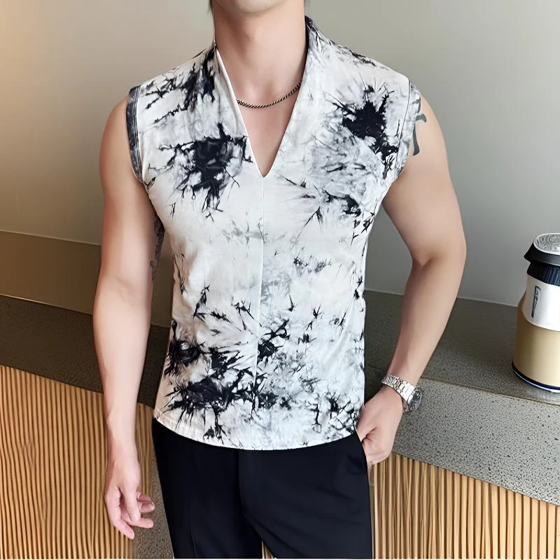 潮流水墨扎染无袖V领T恤男夏季个性型男休闲健身百搭时尚坎肩背心
