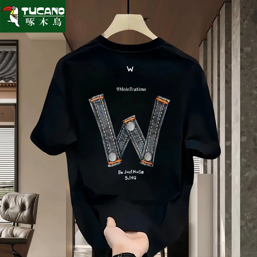 啄木鸟夏季男士纯棉短袖t恤男女潮流韩版宽松圆领百搭全棉半袖ins