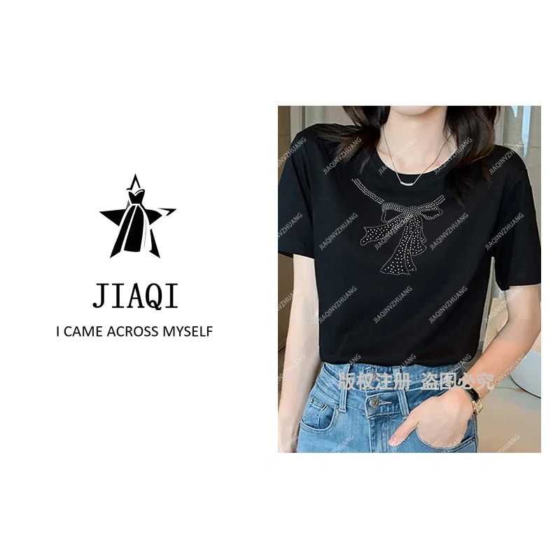 【佳琪高奢】短袖女夏季百搭时尚圆领打底衫重工烫钻蝴蝶结上衣