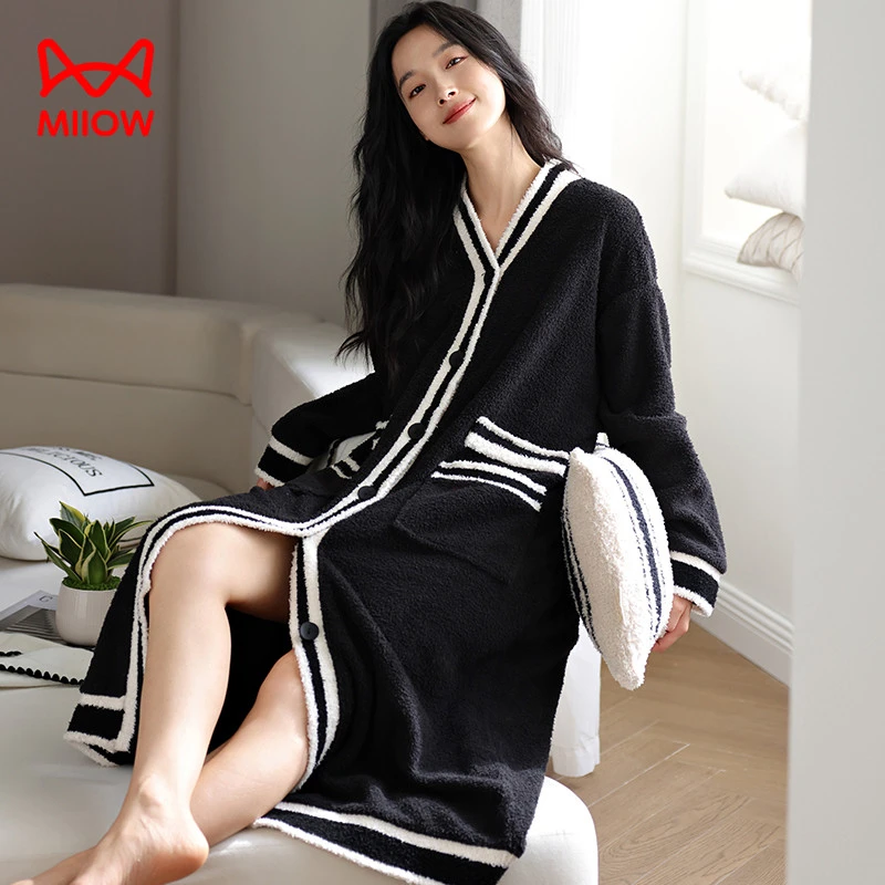 猫人秋冬季新款睡衣女士半边绒加绒加厚睡裙开衫v领连衣裙家居服