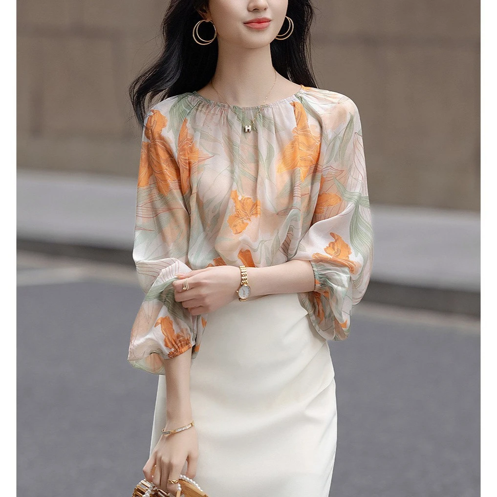 2025春季今年流行钻石雪纺衬衫大袖子藏肉衬衣女装上衣