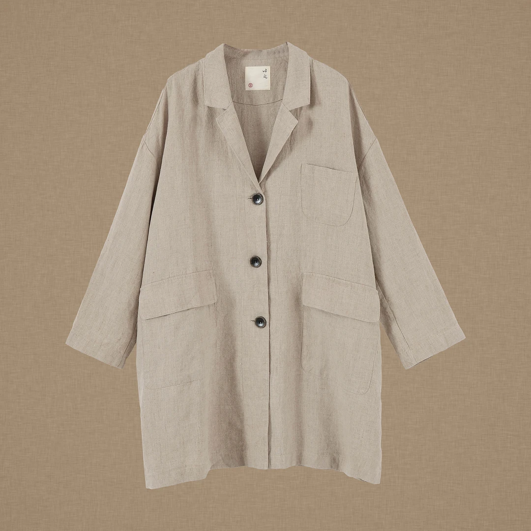【以之】设计师品牌原创翻领亚麻口袋外套单层春秋款纽扣大版上衣女