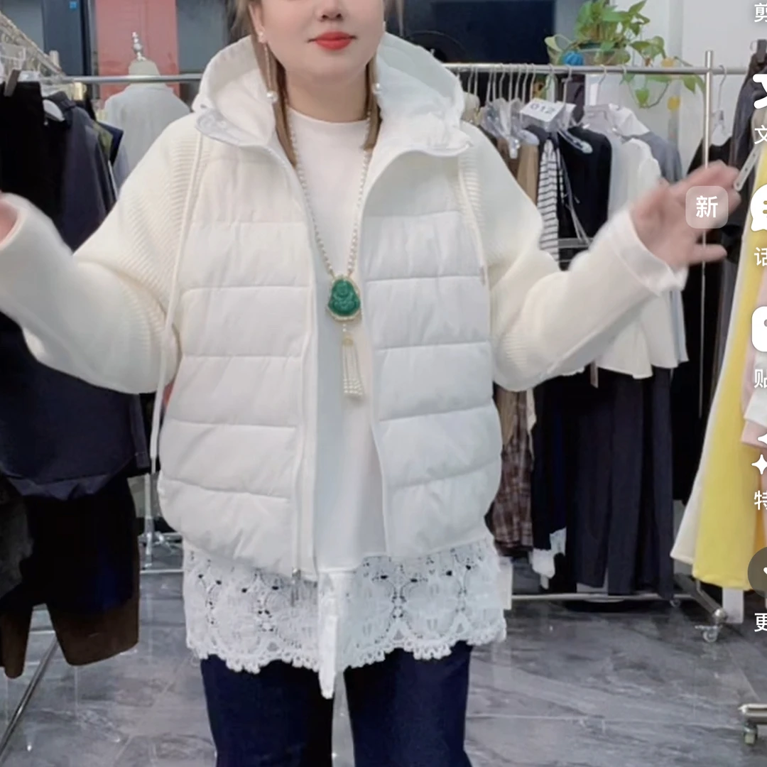 338轻薄针织拼接棉服女短款冬季假二件棉衣韩版宽松连帽百搭外套