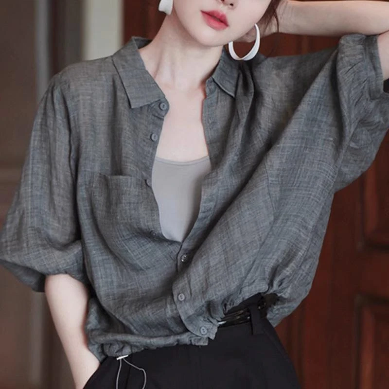 灰色时尚防晒衬衫女夏季2025新款空调衫休闲薄款宽松翻领上衣开衫