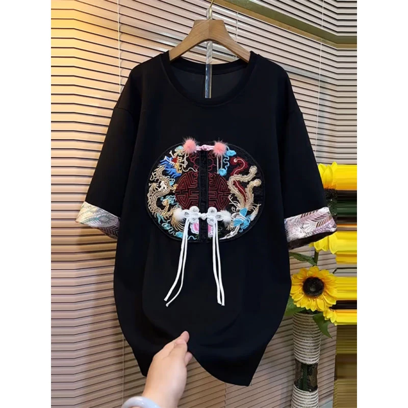大码胖妹妹国潮风盘扣刺绣宽松上衣女装夏季新款设计感五分袖t恤