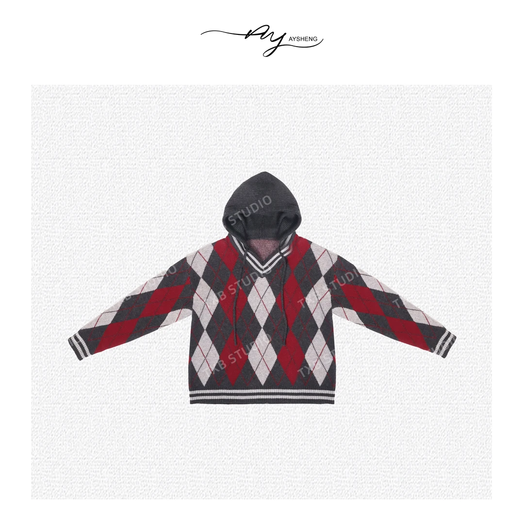 TXB 细羊毛菱格撞色高克重连帽针织上衣XB-6691