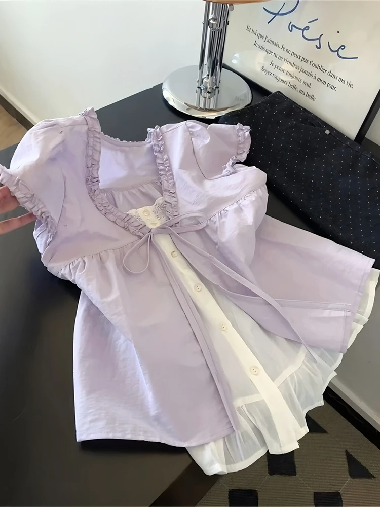 韩系设计感拼接假两件紫色短袖衬衫女春夏季小众温柔减龄百搭上衣