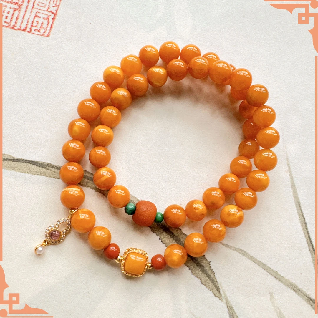 【精品】蜜蜡红白妖花老蜡925配碧玺轻奢多圈手串多样性发货发其一