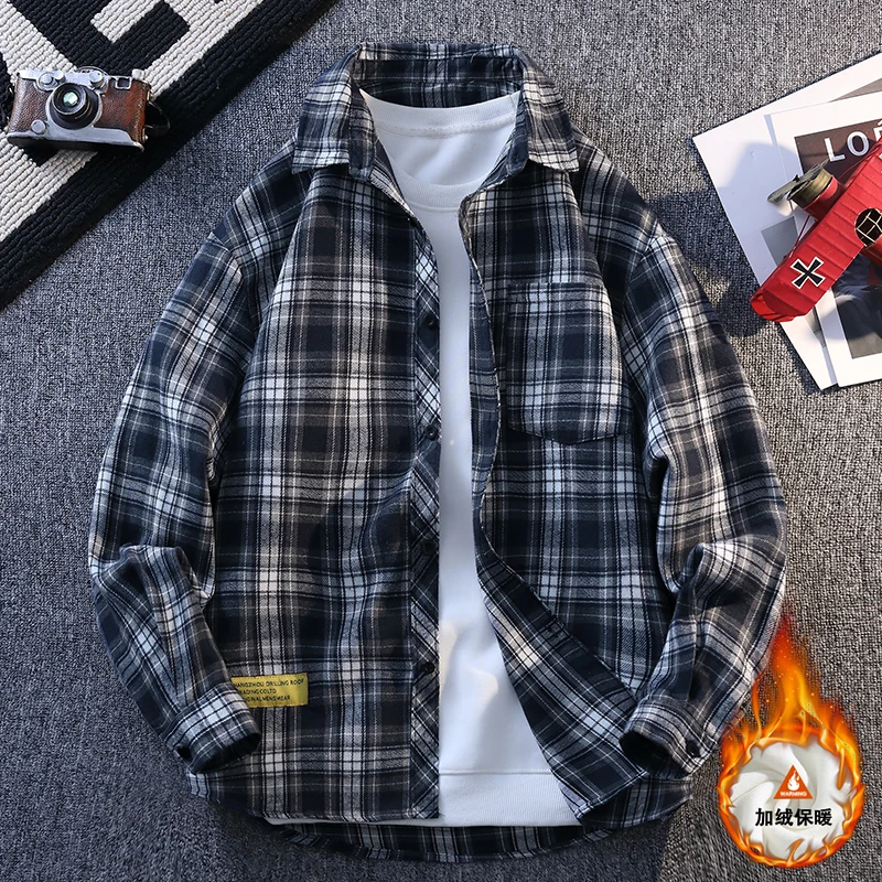 秋季港风青少年长袖格子衬衫潮流男生大码宽松翻领格子衫慵懒风