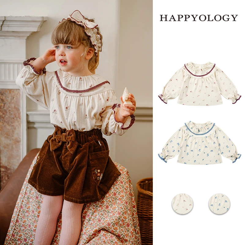 Happyology英国儿童秋季新款女童童装全棉大翻领针织肌理印花上衣