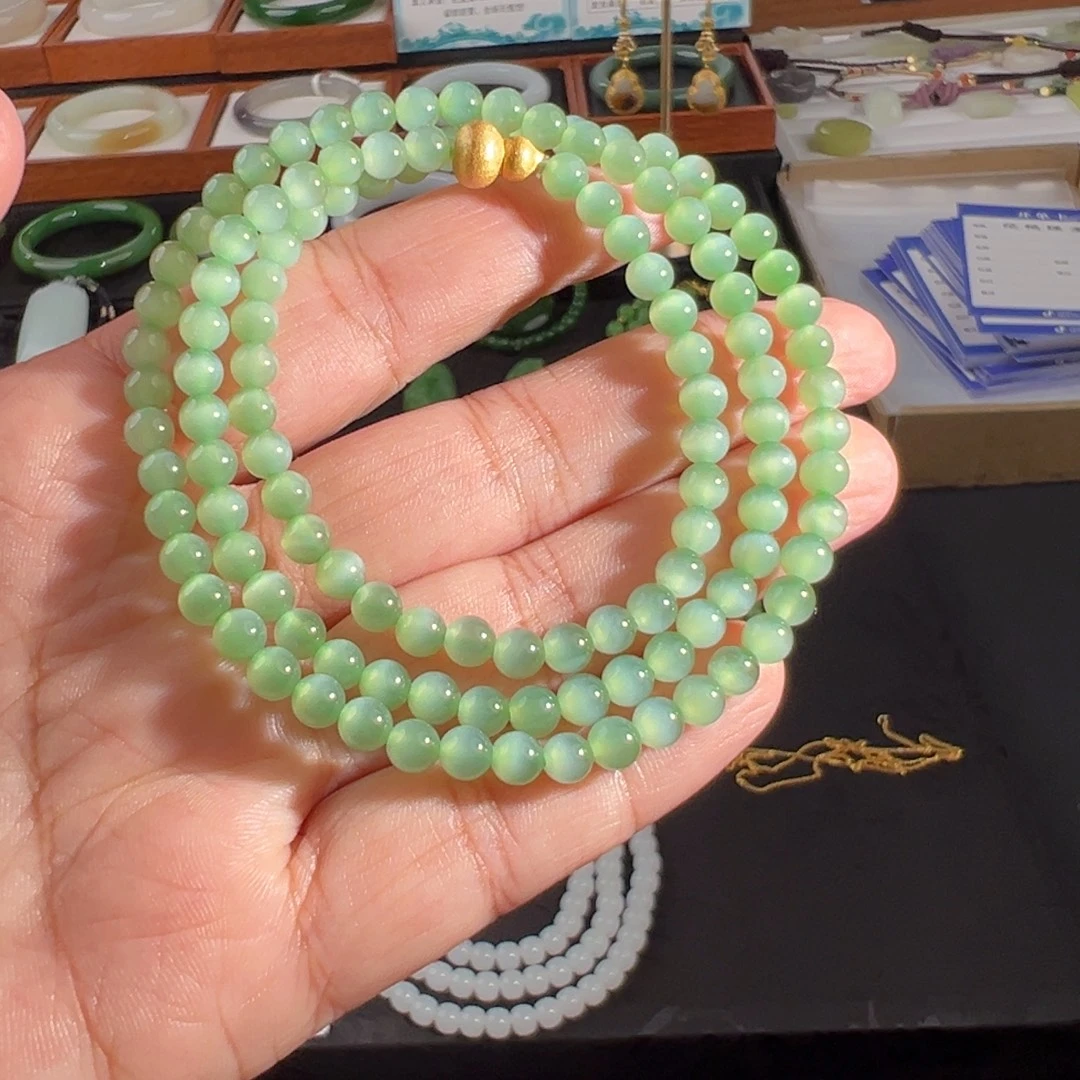 和田玉（碧玉）未镶嵌颈饰粉青绿底一线猫眼5mm108珠串