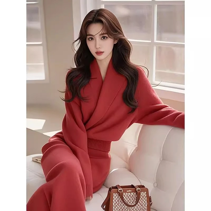2024冬季穿搭一整套高级感气质名媛小香风红色针织毛衣套装本命年