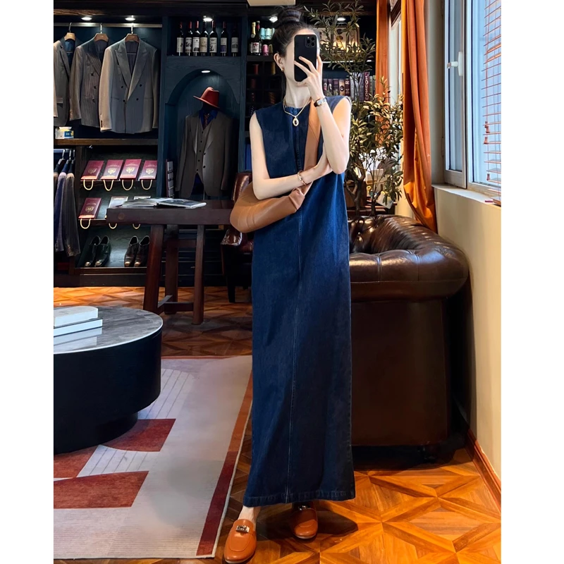 率性后领镂空系带牛仔长裙法式复古高级感气质宽松显瘦开叉连衣裙