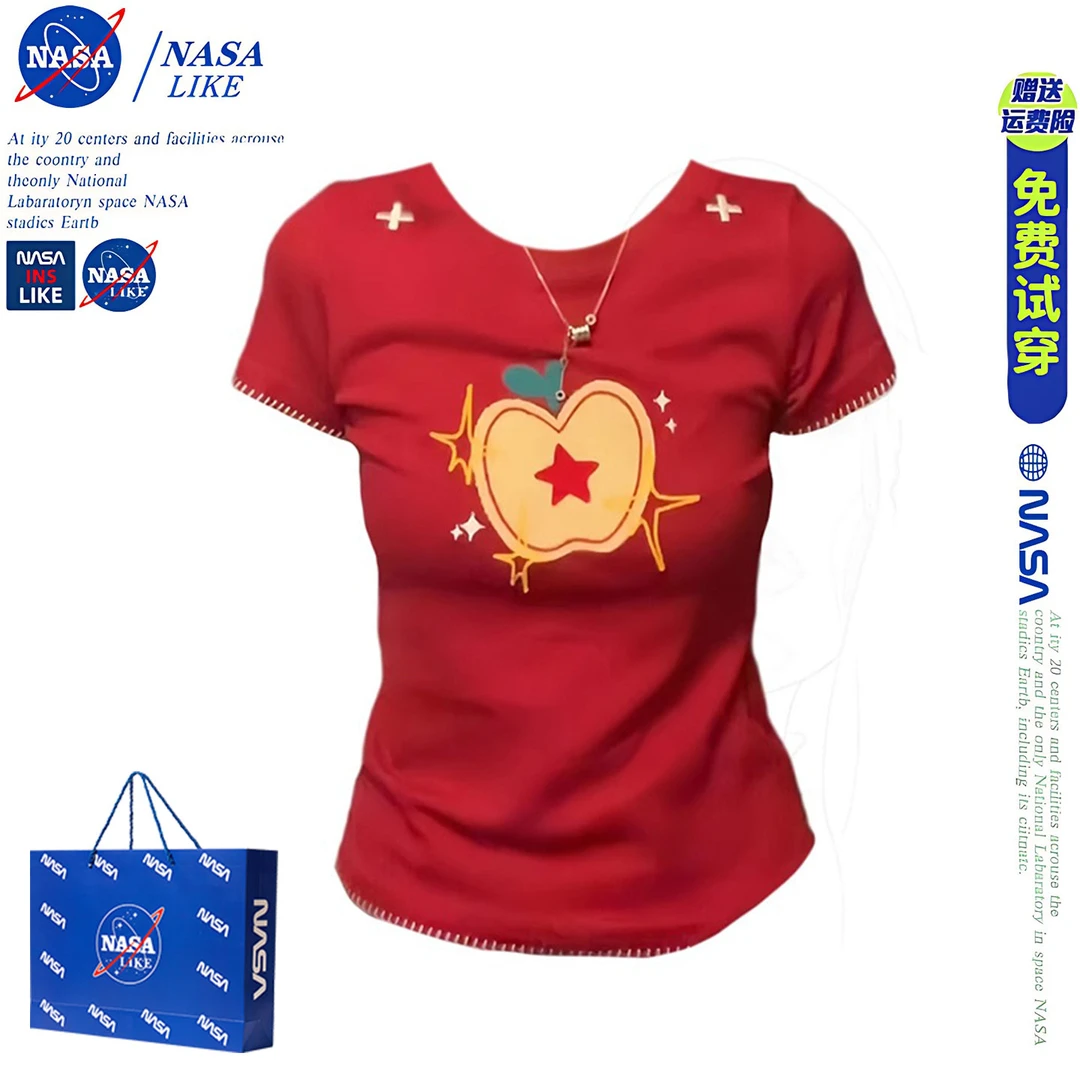 NASA微胖mm美式复古小苹果刺绣短袖T恤女夏季甜辣风正肩修身设计