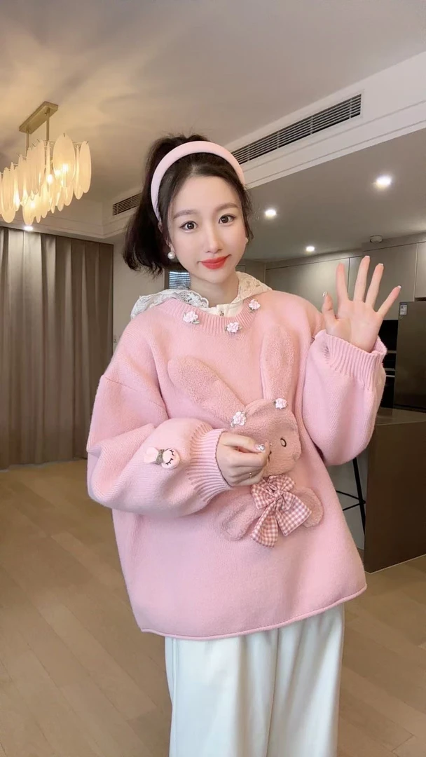 小玉推荐  粉色《小花兔》套头针织毛衣