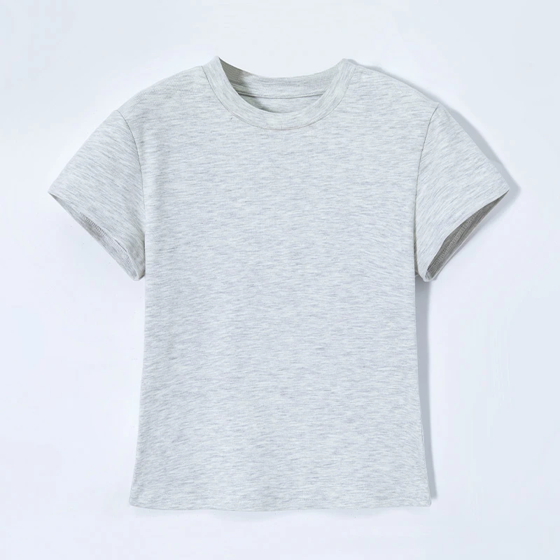 RAIN.CUN【糯米】灰色常规短袖圆领修身正肩纯色T恤YC11681G