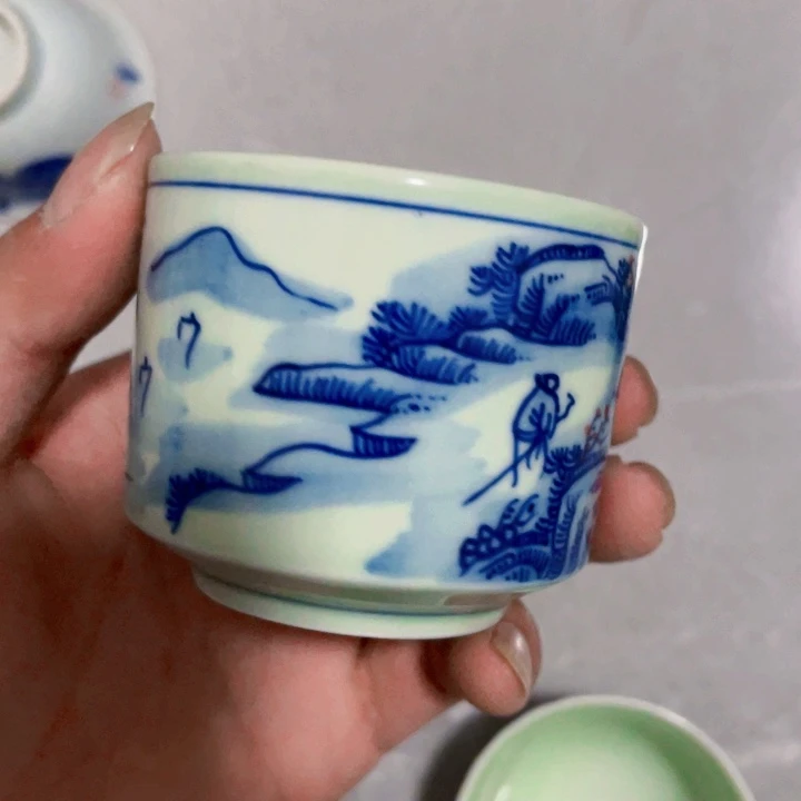 瓷片忍***理景德镇青釉山水画大直口杯