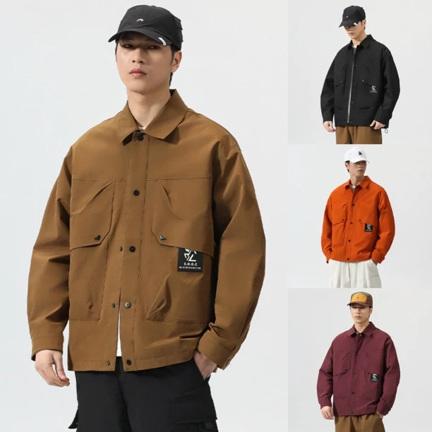 新款夹克潮牌痞帅休闲宽松翻领衬衫工装外套男秋季薄91010