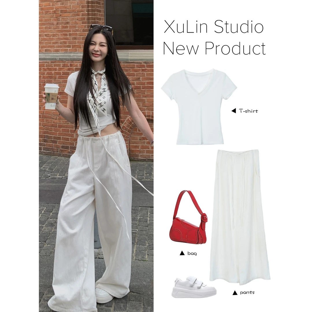MINISTUDIO徐琳 「白色简约」阔腿亚麻粗斜棉拖地长裤x250127