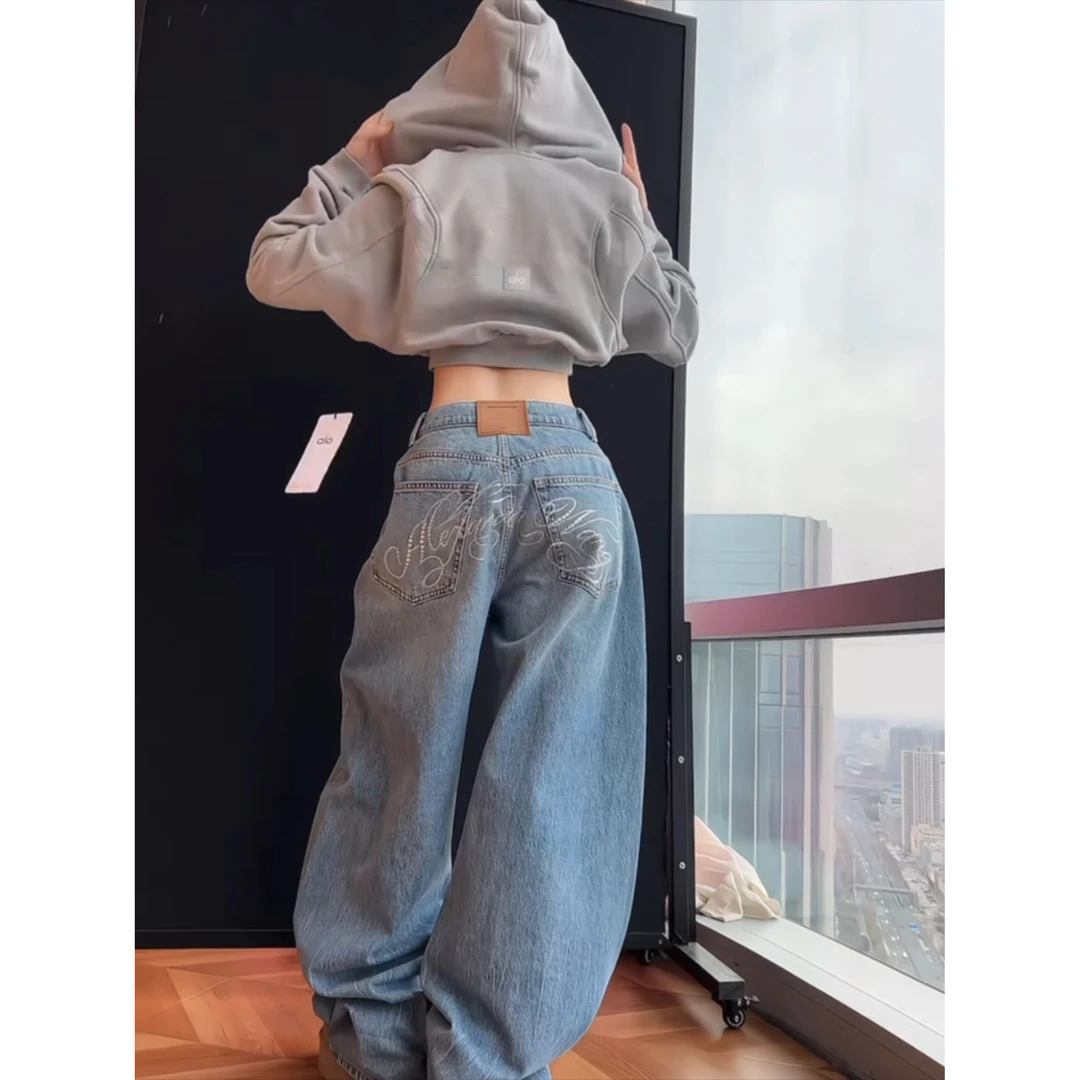 美式复古重工烫钻弯刀牛仔裤女秋季新款设计感宽松阔腿镰刀香蕉裤
