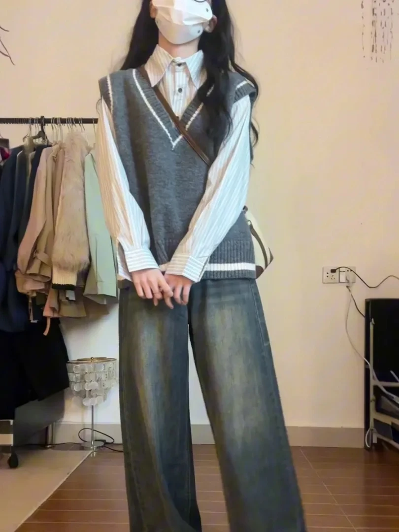 日系复古学院风v领拼色撞色毛衣背心针织马甲女+条纹衬衫两件套装