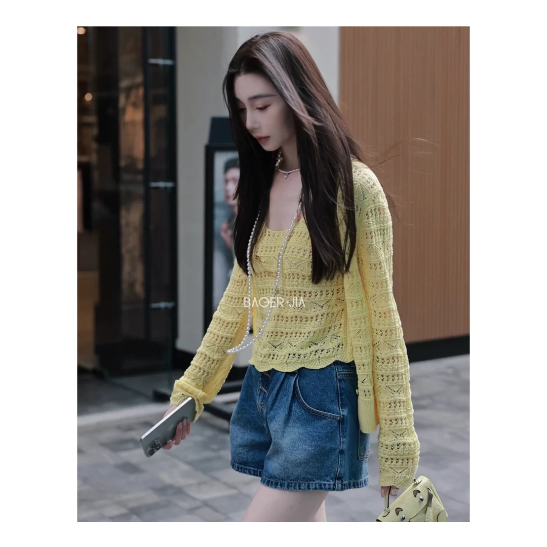 26-【CoCo两件套】宝儿家含幂BF55225103法式温柔气质针织镂空上衣