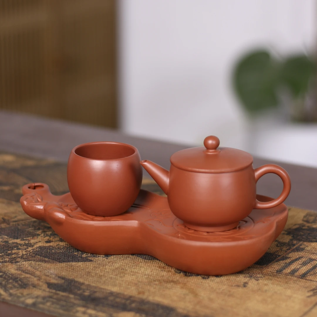 潮州手拉壶汉瓦壶110cc原矿朱泥工夫茶具一壶一杯旅行喝茶茶具