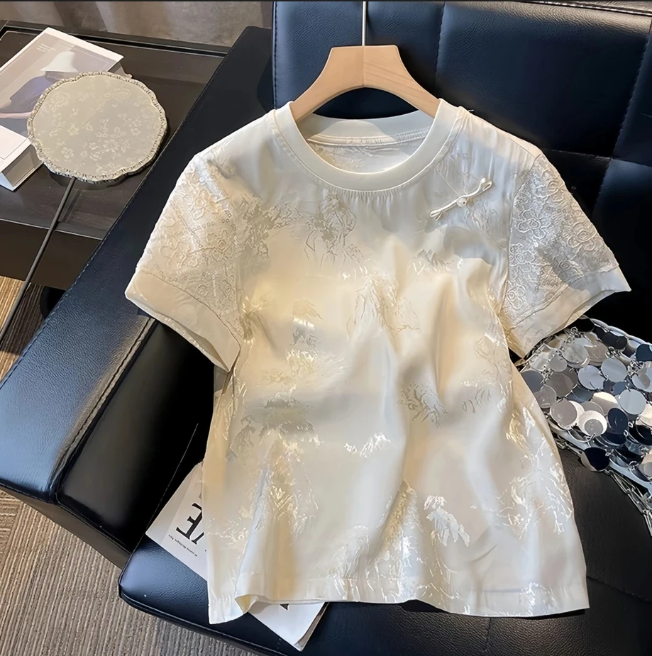 2025新款高端复古缎面新中式国风夏季短袖T恤定制提花短袖上衣女