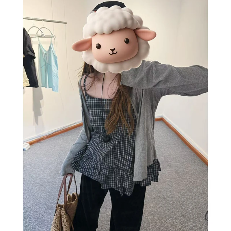 夏季韩系格纹花边复古吊带上衣女净版长袖开衫外套两件套