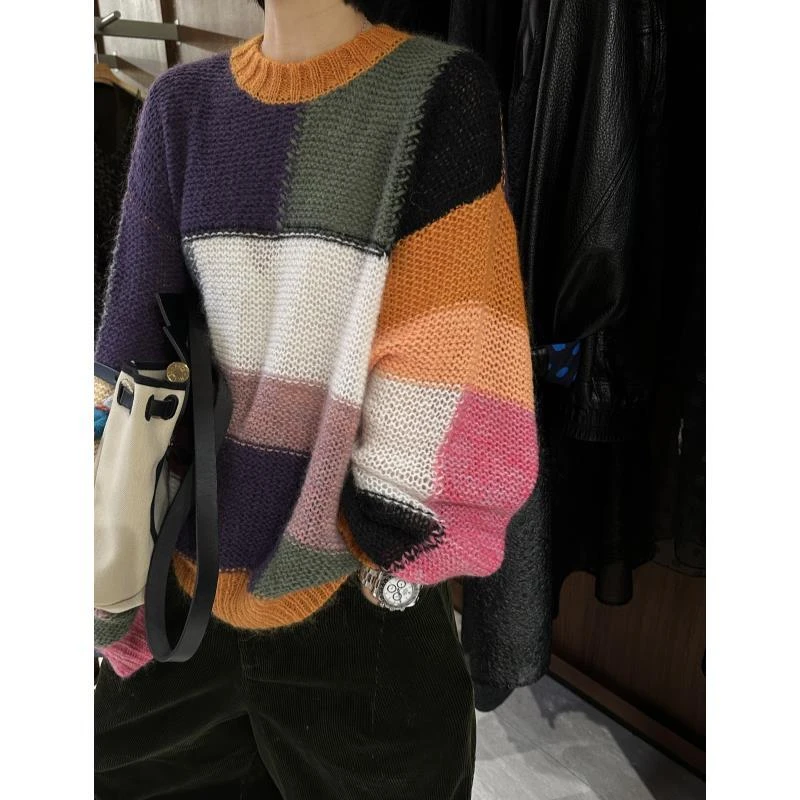 【彩虹方块】彩虹方块格纹羊毛马海毛针织毛衣  J25MY841