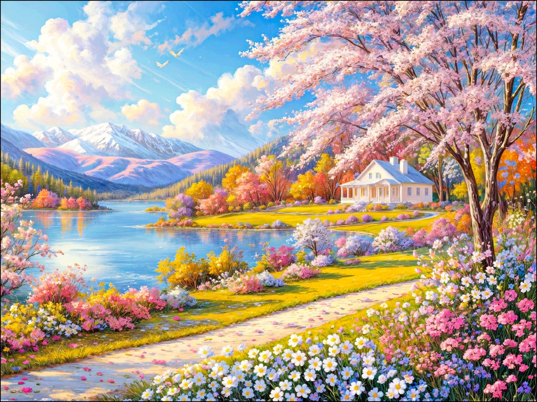 新疆长绒棉布，樱花原野70*90大格十字绣（精准印花）裸包无针