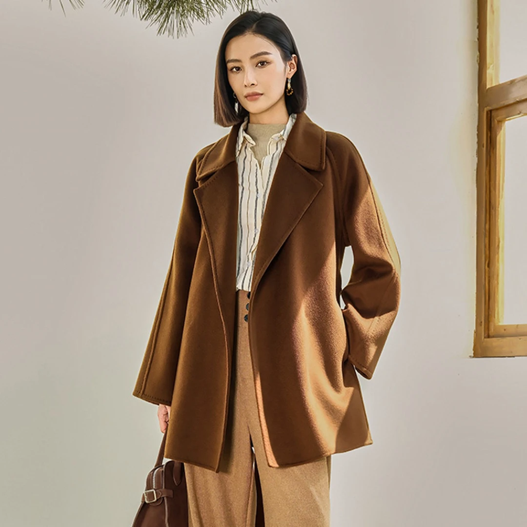 100小山羊同款123双面羊绒大衣女2025秋冬新款双面中长款系带显瘦