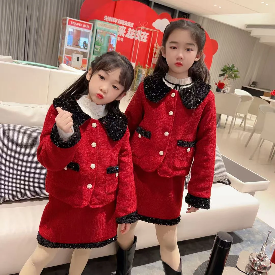 631-年款亮片时尚小香风女童套装洋气红色加厚秋冬