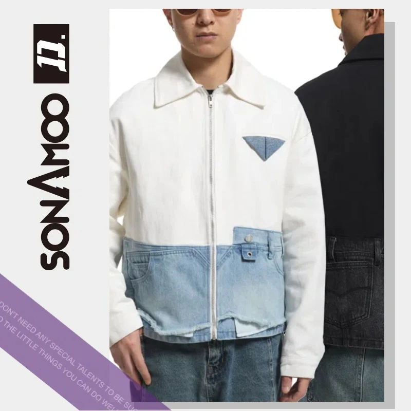 sonAmoo夹棉字母重工洗水拼接男士百搭牛仔外套棉服D18991
