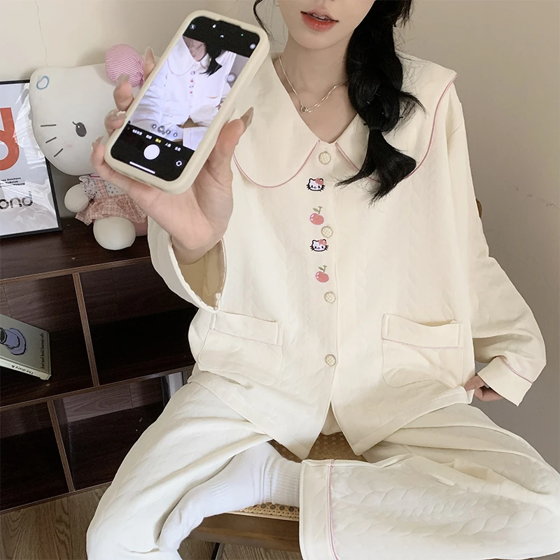 睡衣女款长袖秋冬季加厚夹层棉空气棉保暖纯色套装新款冬天家居服