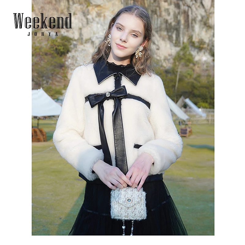 【若谷粉丝专属】卓雅周末翻领拼接立体PU蝴蝶结皮草外套EJWCDM08