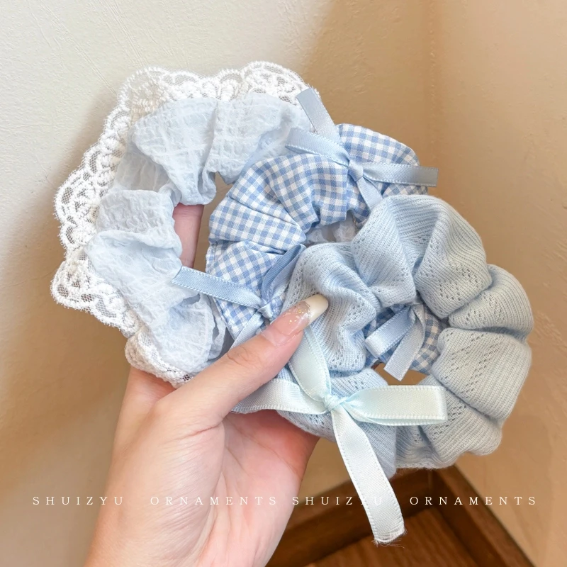 韩系蓝色蕾丝花边条纹大肠发圈女温柔甜美高级感百搭发绳发饰头饰