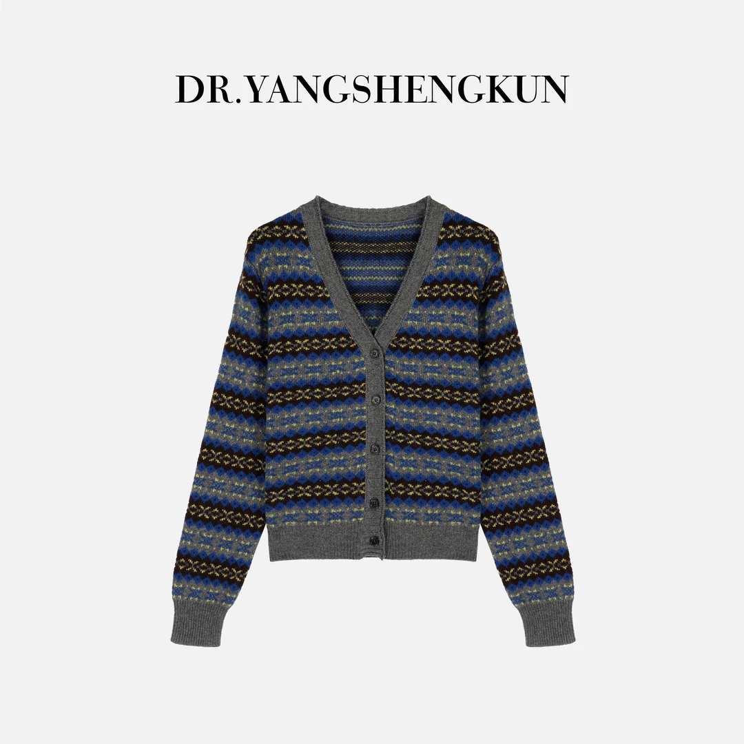 杨圣坤2025冬季新品蚕丝羊绒混纺V领提花长袖针织开衫ES25102119