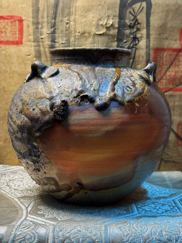 寂美鬼备·日本备前烧·中古·柴烧·竹村永乐·罐子(高20口径9.3