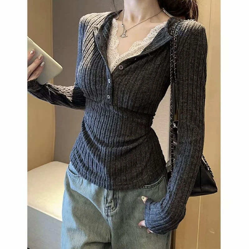 胖mm大码女装2024秋冬新款设计感坑条拼接蕾丝边别致针织上衣