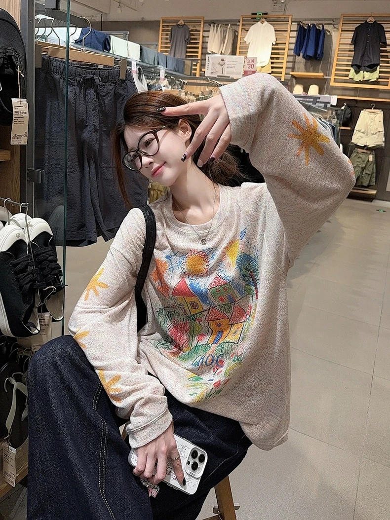 夏季新款白搭防晒慵懒风卡通动漫圆领长袖T恤小众ins盐系少年感