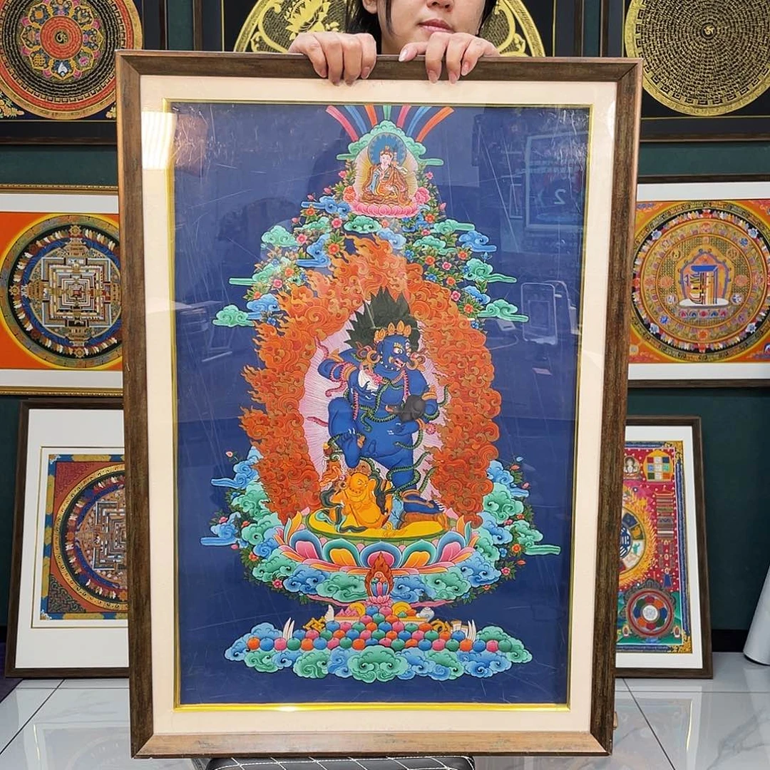 卷轴画黑财手绘矿料唐卡带框85×60厘米