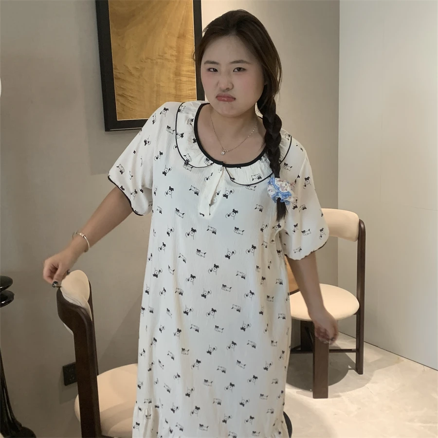 夏季短袖胖MM大码云朵棉可爱小狗休闲圆领加肥加大宽松睡裙