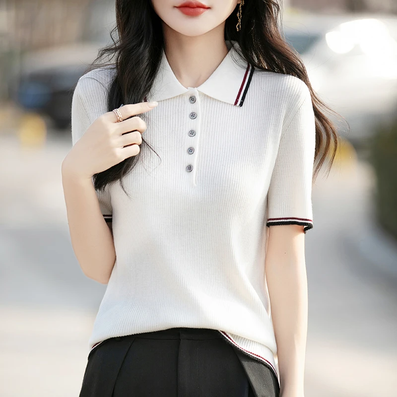 春夏季新款Polo领精纺羊毛短袖女薄款修身显瘦内搭针织打底衫上衣