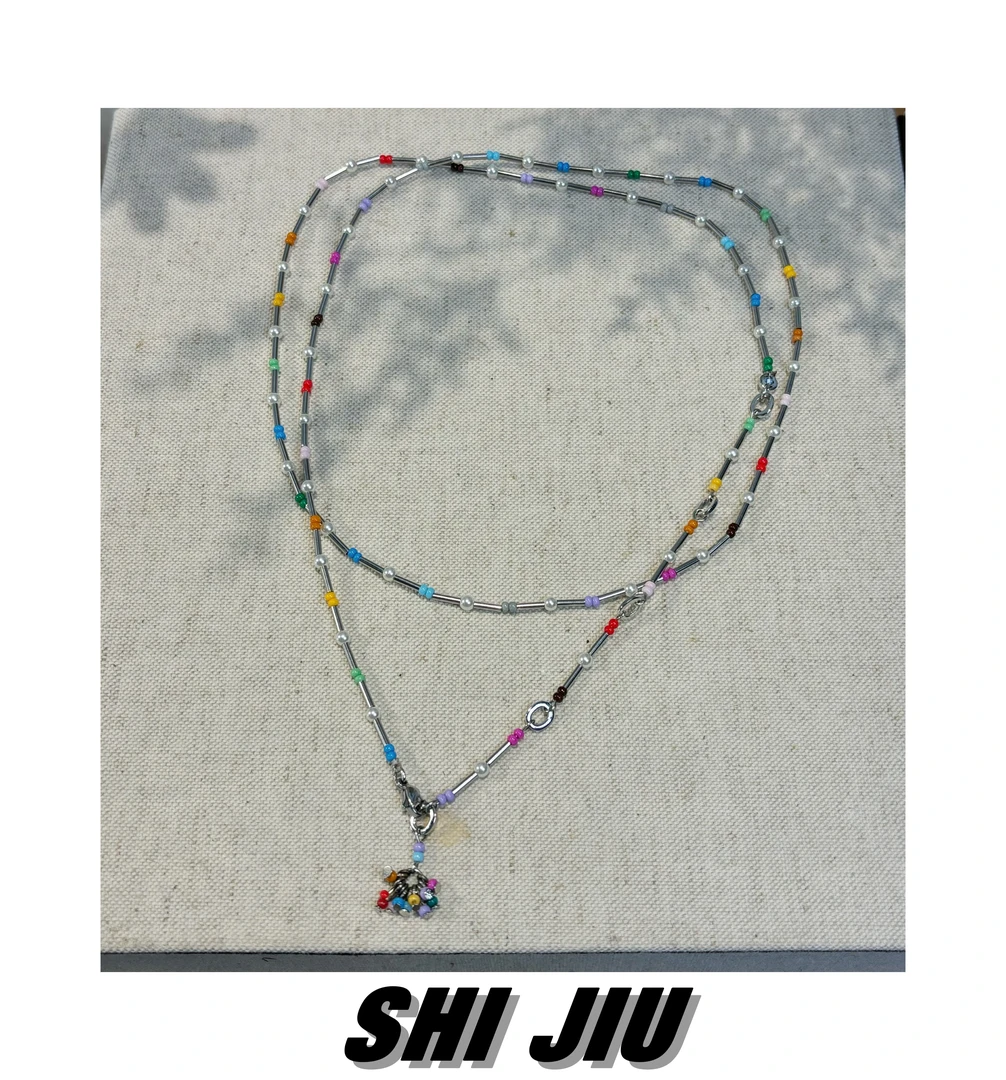 合金项链 小众高级感百搭多巴胺可调节彩珠项链