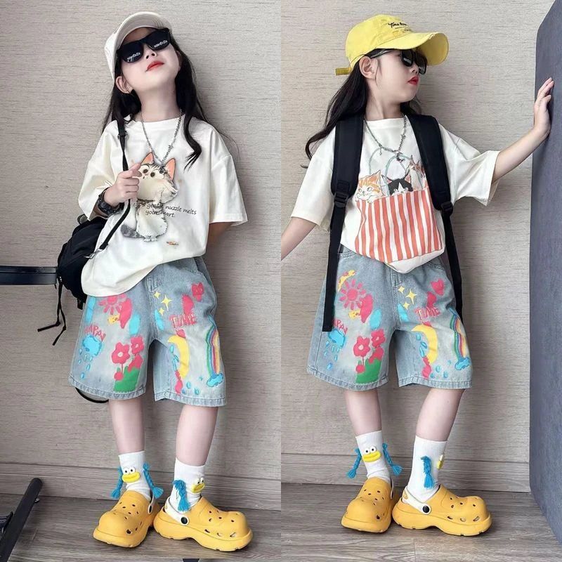 女童夏装套装女孩夏季短袖牛仔短裤儿童洋气两件套中大童宽松夏款