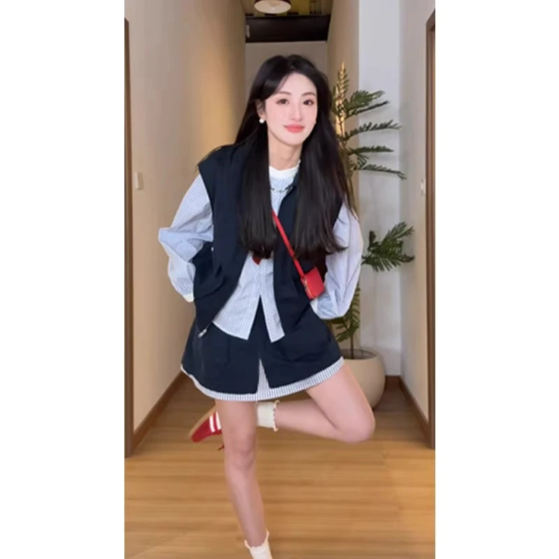 一整套ootd穿搭新款拼接裙子潮韩系艺术生套装女百搭衬衫马甲外套