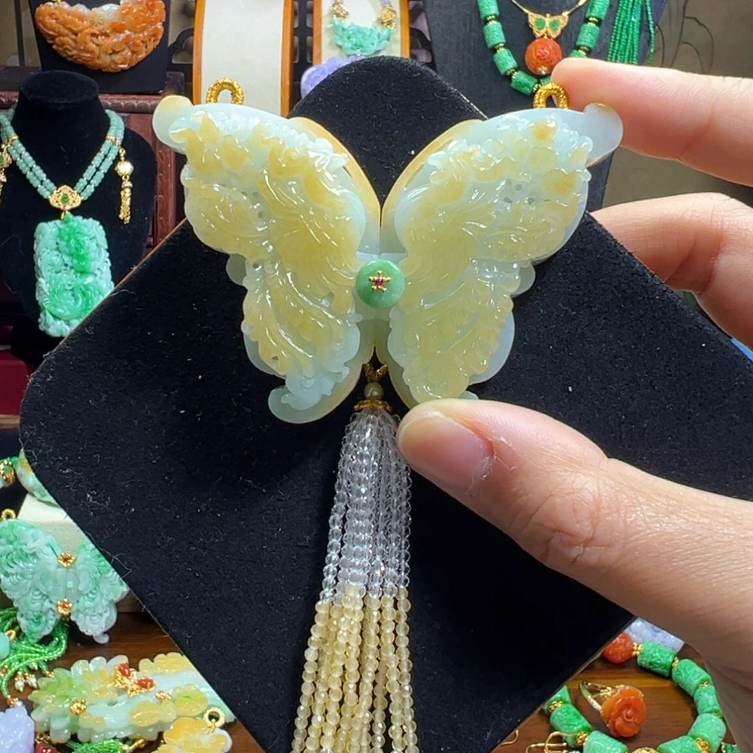 翡翠未镶嵌毛衣链冰黄翡蝴蝶