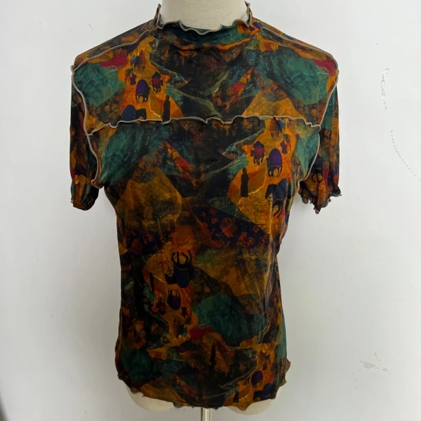 桑蚕丝42针木耳领上衣时尚夏季修身印花ZHU